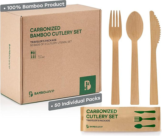 100% Bamboo Utensils - Carbonized Disposable Cutlery Biodegradable and Sanitized - Heavy Duty & Fully Functional (Traveler Set - 150 Pieces (50 Sets))
