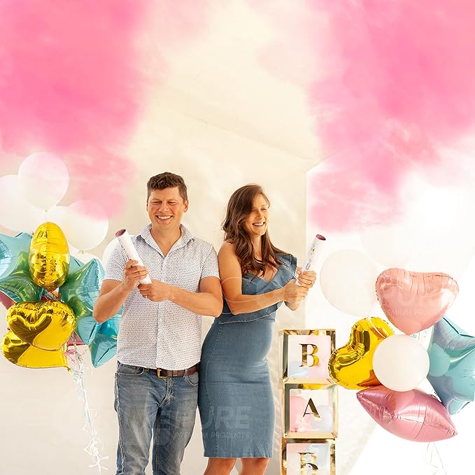 PrimePure Gender Reveal Confetti Cannon - Biodegradable Powder Cannons Smoke Bomb - Pink, 2 Pack - Party Poppers Baby Powder Pink Confetti Poppers for Baby Girl Gender Reveal Party