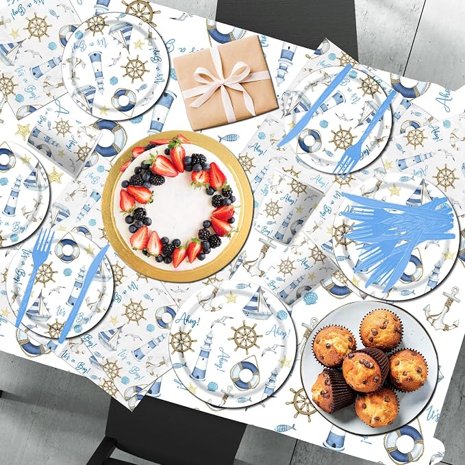 Ahoy Nautical Baby Shower Decorations Tableware - 142pcs Its A Boy Plates and Napkins Supplies, Party Dinnerware Tablecloth for Sailor Theme Decorations