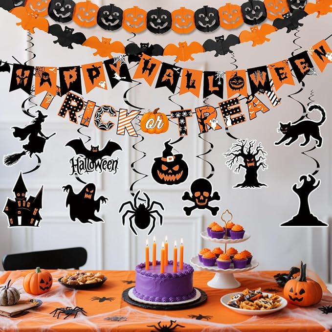 Halloween Party Decorations Happy Halloween Banner Kit Including Trick or Treat Sign Ghost Witches Hanging Swirl, Pumpkins Bats and Skull Head for Indoor Outdoor Decorations