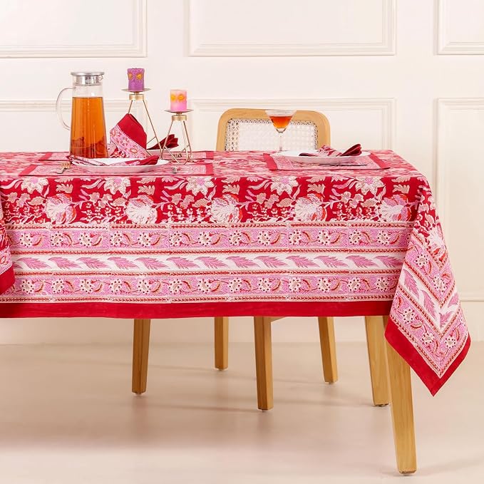 Hand Block Printed Tablecloth, Colorful Floral Print, Indian Artisan Handmade Art, Dining Room, Kitchen, Outdoor Décor, (Cherry Red, 8 Seater 72 x 108 Inches Rectangle)