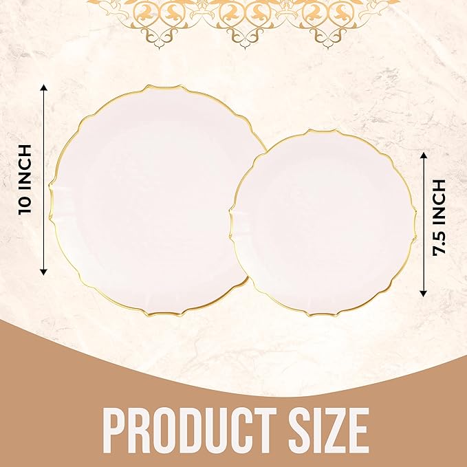 Exquisite Tinted Plates - 40 Piece Plastic Disposable Party Set for 20 Guests - 20 X 7.5 Dessert & 20 X 10 Thin Delicate Fancy Plates - Coral Peach with Gold Rim