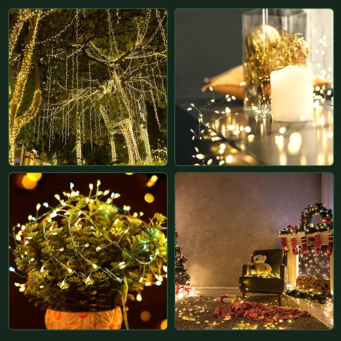 Battery Operated Christmas Cluster Lights, 20FT 200 Micro LED Fairy Lights with 8 Modes and Auto Timer, Green Copper Wire for Indoor Outdoor Christmas Tree Wreath Garland Garden Party,Warm White
