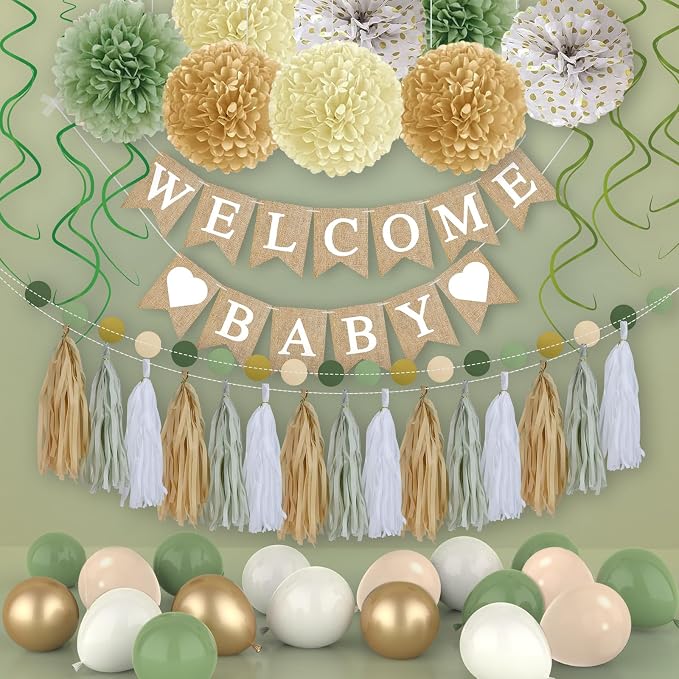 Sage Green Baby Shower Decorations Olive Green Balloon Garland Kit Welcome Baby Banner Balloons Pom Poms Flowers Tassels Circle Dots Star Garland for Gender Neutral Baby Shower Supplies