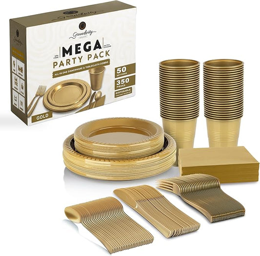 Grandipity 350 Piece Gold Disposable Dinnerware Set, Includes 50 of Each: 9" Dinner Plates, 7" Dessert Plates, 12oz Cups, Paper Napkins, Forks, Knives & Spoons