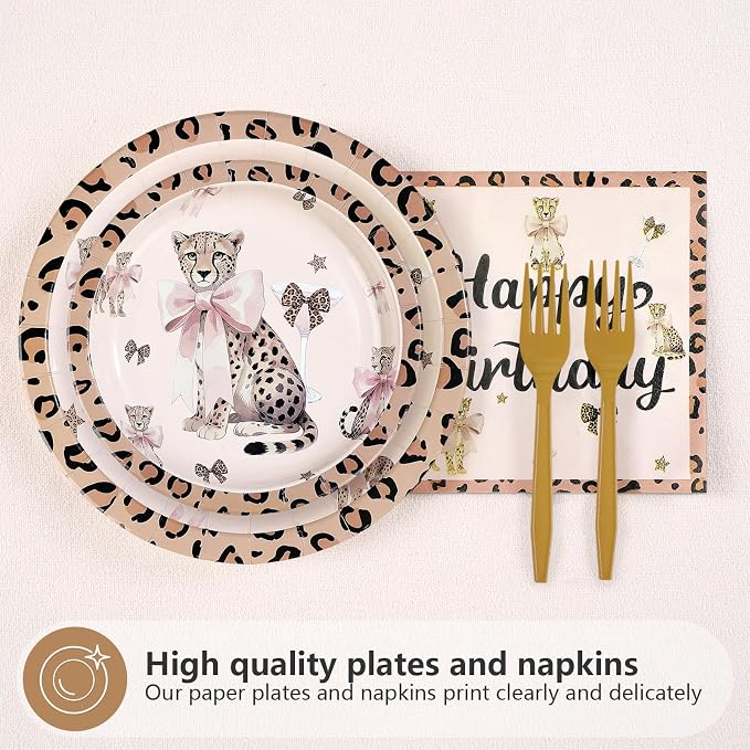 96Pcs Pink Cheetah Bow Birthday Party Decorations, Serves 24 | Leopard Print Plates and Napkins Pink Bow Cheetah Tableware Set for Girls Women Jungle Safari Animal Birthday Party Supplies