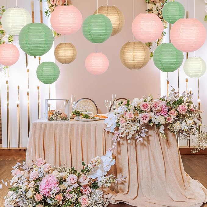 ADLKGG Paper Lanterns Party Decorative, Hanging Paper Lanterns for Sage Green Wedding Valentines Day Decorations Bridal Shower Birthday Neutral Baby Shower Decor Sage Green/Pink/Brown 21pcs