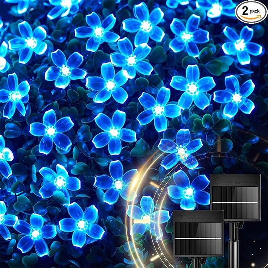 Brightown 60 LED Flower Solar String Lights Outdoor Waterproof, Fairy Lights for Garden Yard Fence Patio Christmas Tree Wedding Party Decor,Blue, 2 Pack