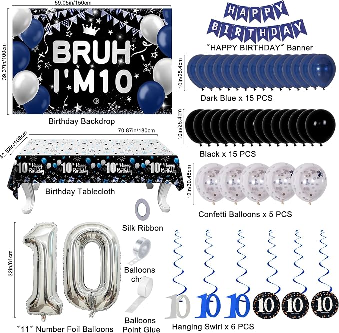 10th Birthday Decorations for Boys & Girls, 54 PCS Blue Black Party Decorations, 10 Year Old Boy Birthday Party Supplie with Banner Backdrop, Hanging Swirls, Tablecloth, Bruh I'm 10 Party Supplies