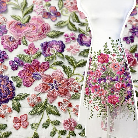 Lace Fabric 2Yards Beautiful Multi Color Flower Embroidery Plant Lace Fabric Barcode White Mesh Bottom Embroidery Width 21 ‘’ DIY Girls Dress Accessories