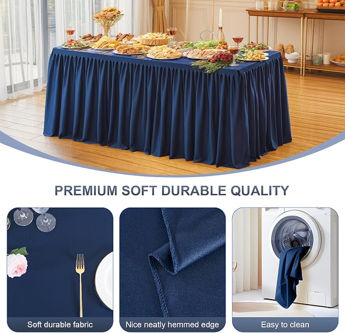 2 Packs Navy Blue Polyester Table Clothes for 8 Foot Rectangle Tables, Wrinkle Free Fitted Table Cover 8ft Stretch Tablecloths with Skirt for Parties Weddings Birthday Banquet Baby Shower