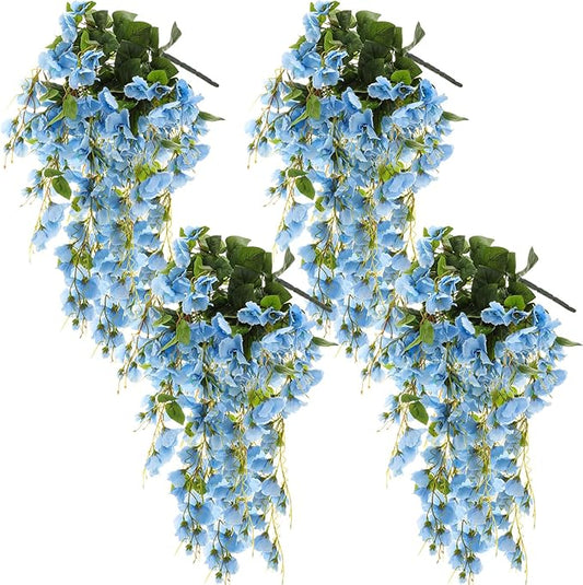 XunYee 4 Pcs Artificial Hibiscus Flowers for Outdoors Spring Summer Decor Fake Hanging Flowers Plants Uv-Resistant Faux Hibiscus Flower for Outside Porch Patio Front Door (Blue)