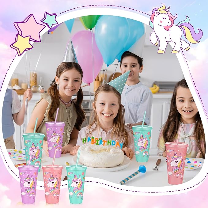 Uiifan 12 Pcs Unicorn Cups Party Favors Goodie Cups Unicorn Birthday Decorations 24 oz Plastic Reusable Tumbler with Lid and Straw Birthday Party Favors Supplies for Girls Boys