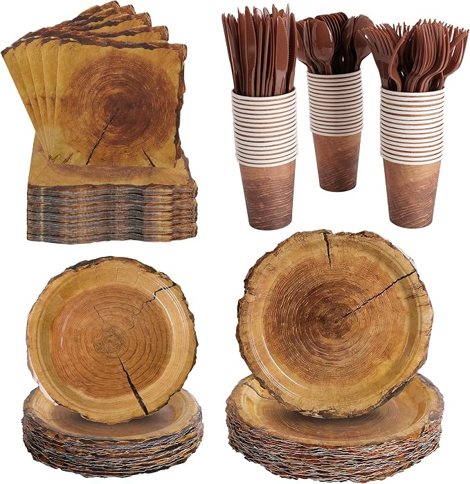 400 Pcs Disposable Rustic Wood Grain Slice Tableware Set for 50 Guests | Heavy-Duty 7" & 9" Paper Plates, Cups, 13" Napkins & Plastic Cutlery for Camping Forest Woodland Birthday Party Supplies