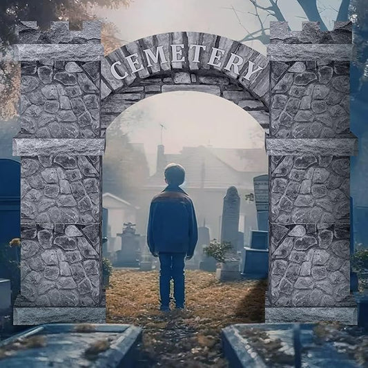 Bucherry 15 Pcs Cemetery Decorations Cardboard Cemetery Archway Graveyard Castle with Arch Large Spooky Haunted Playhouse Tombstone for Gothic Scary Graveyard Headstones Party Decorations Kit