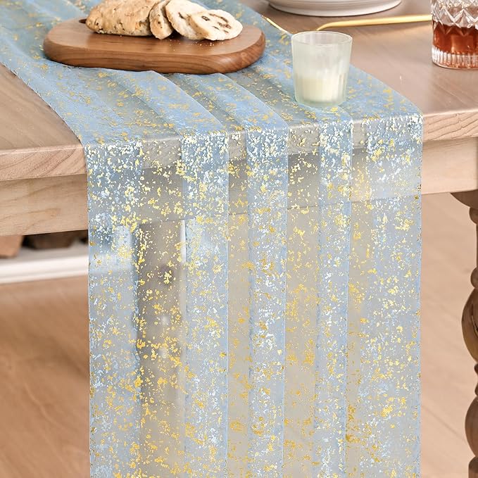 Artoid Mode 3PC Gold Gauze Light Blue Table Runner 120 Inch 10FT, Glitter Metallic Foil Sheer Dining Wedding Anniversary Holiday Birthday Table Decor for Home Party