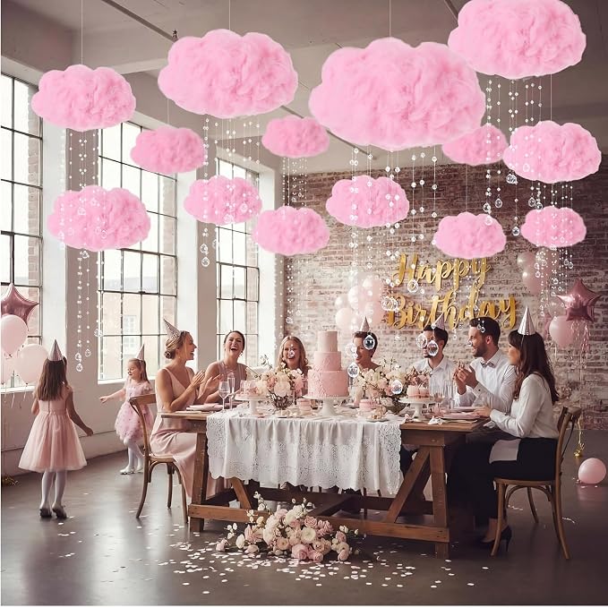 Marsui Artificial Cloud Props LED Hanging Pink Light String Fake Imitation 3D Cotton Cloud Classroom School Decor Raindrop for Room Ceiling Baby Shower Party Wedding Nursery Wall DIY Decor(2 Pcs)