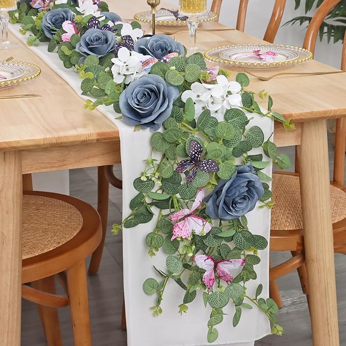 2Pcs 5.9 Ft Artificial Rose Vine Fake Flower Garland Blue Rose Hydrangea Vines with 3D Butterflies Hanging Floral Eucalyptus Garland for Wedding Party Background Arch Table Wall Home Decor