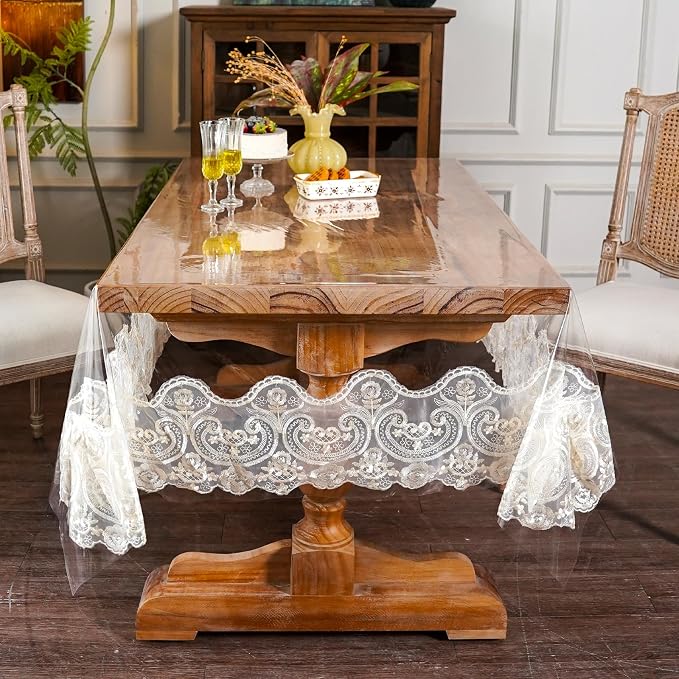 ARTABLE Vinyl PVC Rectangle Tablecloth Waterproof Clear Table Cover with Champagne Lace Macrame Border for Wedding Kitchen Home Outdoor Indoor Holidays Party Decor (Beige, 60 x 84 Inch)
