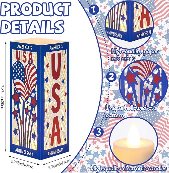 Gerrii 6 Pcs 250th Anniversary Table Centerpieces Boxes with USA Cutouts LED Light USA Patriotic Table Lantern Tabletop for 250th 4th of July Independence Memorial Day Party Supplies