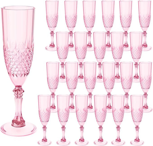 Plastic Champagne Flutes, Champagne Glasses Bulk, Reusable Unbreakable Acrylic Wine Glasses Goblets for Weddings Bachelor Parties Toasting Bridal Shower Mother's Day (24, Pink)