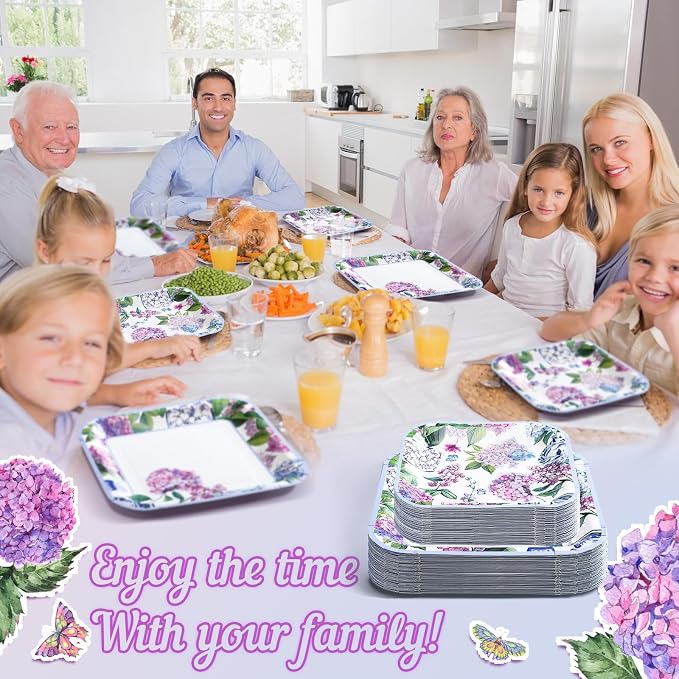 Umigy 100 Pcs Paper Plates Flower Dinner 9'' Floral Disposable Paper Plates 7'' Square Dessert Set for Dinner Birthday Wedding Baby Shower Party Tableware(Soft Color,Hydrangeas)