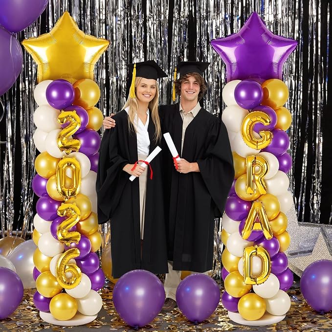 2 Sets Graduation Balloon Column Stand Kits with 132 PCS Purple Golden White Latex Balloons 2026 Letters 6.5 Ft Adjustable Metal Tube Telescopic Tower Pillar with Base for Graduation Party Decoration