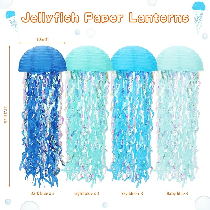 Baquler 12 Pack Jellyfish Paper Lanterns Blue Hanging Lanterns Under the Sea Party Decor Mermaid Ocean Themed Birthday Decorations for Baby Shower Nautical Pool Party