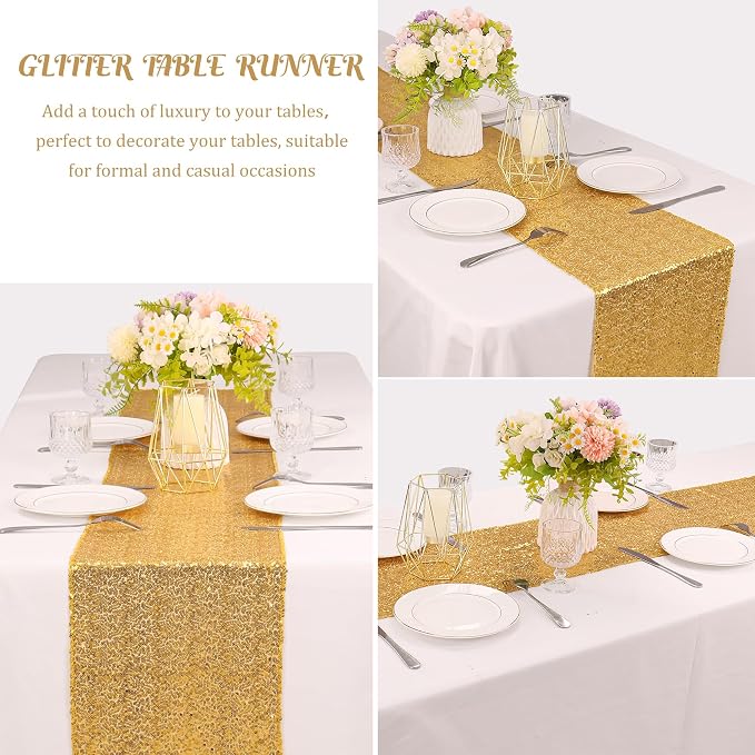 6 Pack Sequin Table Runner Sequin Table Cloths 12" x 108" Sparkle Table Runner for Baby Bridal Shower Wedding Birthday Party Table Decor (Champagne Gold)