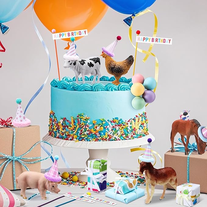 Weysat 22 Pcs Animal Birthday Party Decorations Animal Cake Cupcake Toppers with Mini Hats Miniature Flags Gift Boxes Balls for Jungle Safari Dollhouse Themed Birthday Party Favor Supplies, No Animals