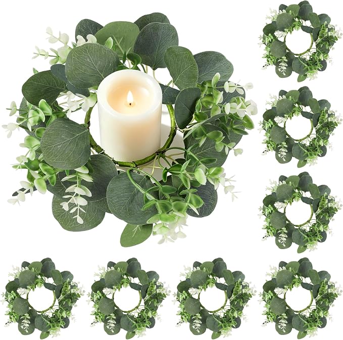 8PCS Eucalyptus Candle Rings Wreaths, Artificial Greenery Faux Kitchen Cabinet Wreath,Spring Wreath with Burlap Ribbon, Pillar Candle Holder Wreath for Porch Wall Window Farmhouse Wall Home Decor