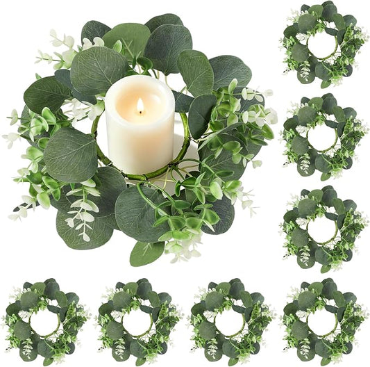 8PCS Eucalyptus Candle Rings Wreaths, Artificial Greenery Faux Kitchen Cabinet Wreath,Spring Wreath with Burlap Ribbon, Pillar Candle Holder Wreath for Porch Wall Window Farmhouse Wall Home Decor