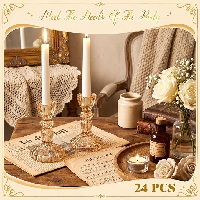 Sieral 24 Pcs Amber Taper Candle Holders 4'' Tall Candlestick Glass Holders Bulk Stripe Decorative Stand Wedding Stick Holder for Anniversary Party Dining Table Festival Decor