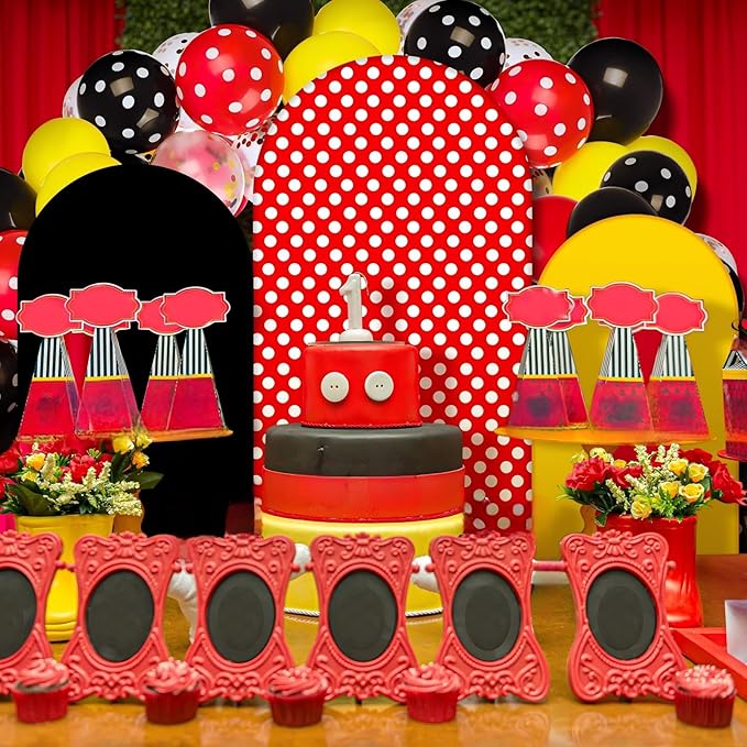 Foilswirl 34 Pieces Cartoon Mouse Birthday Party Decorations 4ft 5ft 6ft Arch Covers 3 Pcs Cartoon Mouse Theme Spandex Arch Backdrop Cover 30 Pcs Red Yellow Black Balloons 1 Ribbon for Party Decor