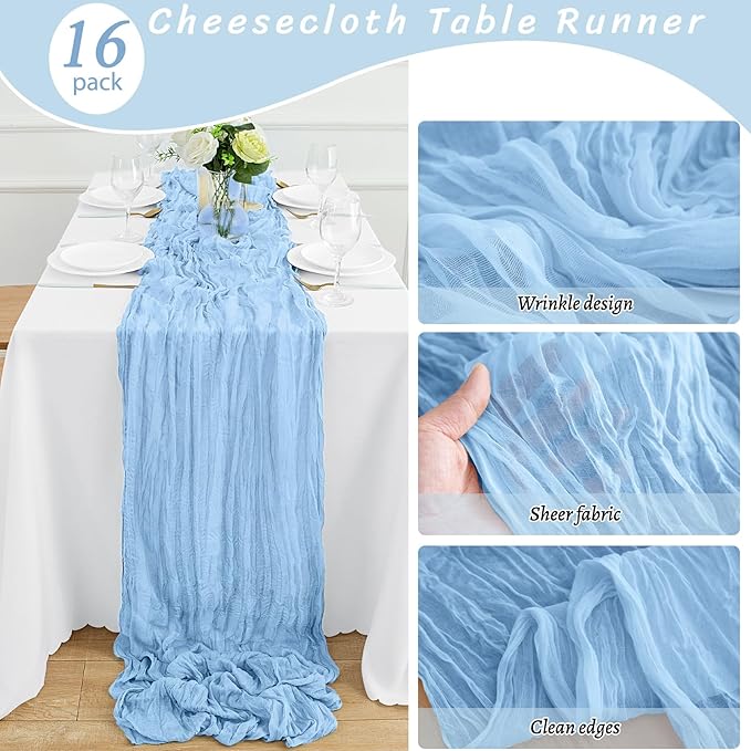 16Pack Baby Blue Table Runner 10FT Light Blue Cheesecloth Table Runner 35x120Inch Long Boho Gauze Cheese Cloth Table Runners Rustic Sheer Table Runners for Wedding Baby Shower Bridal Shower Decor