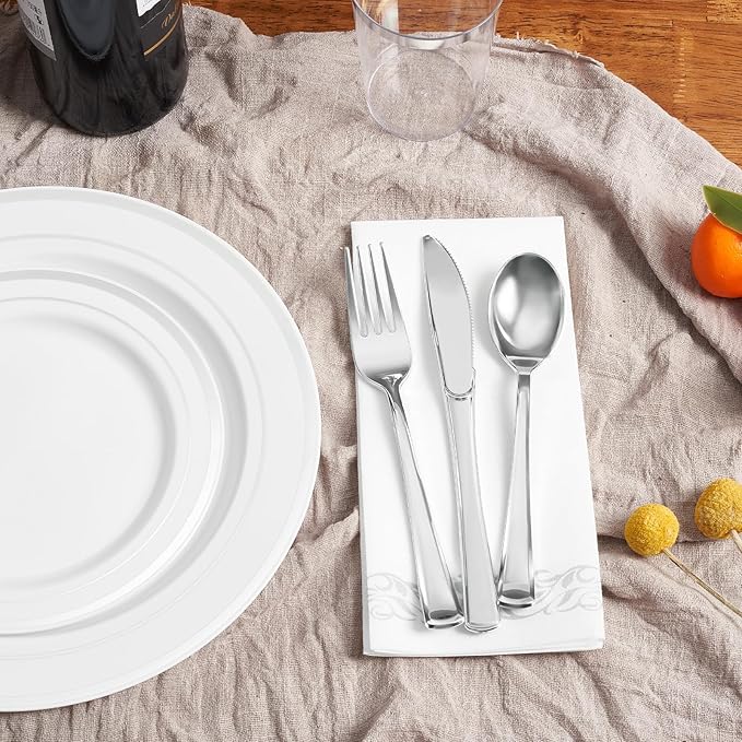 Fijinhom 350 Pieces Silver Disposable Plates for 50 Guests, Disposable Plastic Plates for Party, Wedding, Dinnerware Set of 50 Dinner Plate, 50 Salad Plate,50 Cups and 50 Paper Napkins, Silver