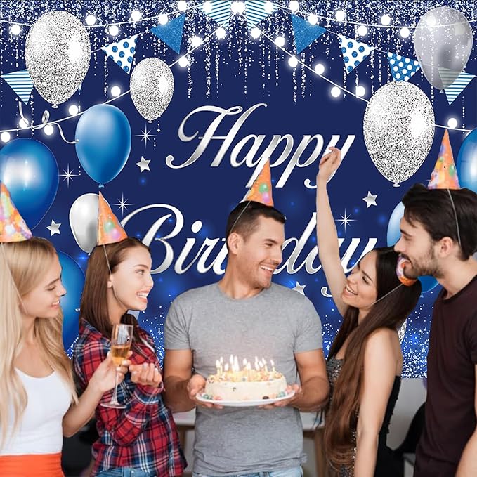 Happy Birthday Backdrop for Men Boys Navy Blue and Silver Birthday Banner Decorations for Women Girls Party Background Supplies Glitter Indoor Outdoor Photo Booth Props Polyester Fabric 7x5ft