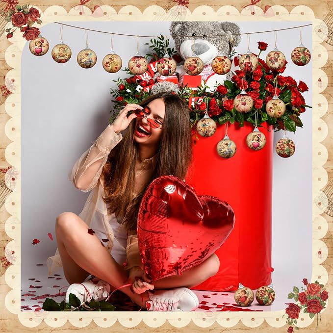 Outus 24 Pcs Valentine's Day Tree Ornaments Ball Vintage Happy Valentine's Day Decorations for Tree Red and Pink Love Kisses Xoxo Pattern Hanging Ornaments Home Farmhouse Holiday Fireplace Party Decor