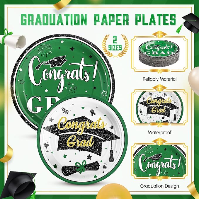 Domensi 400 Pcs 2026 Graduation Decorations Plates and Napkins and Cups Set Serve 50, Green and White Graduation Party Supplies, Class of 2026 Paper Tableware 9oz Cup Knife Fork Spoon Congrats Grad