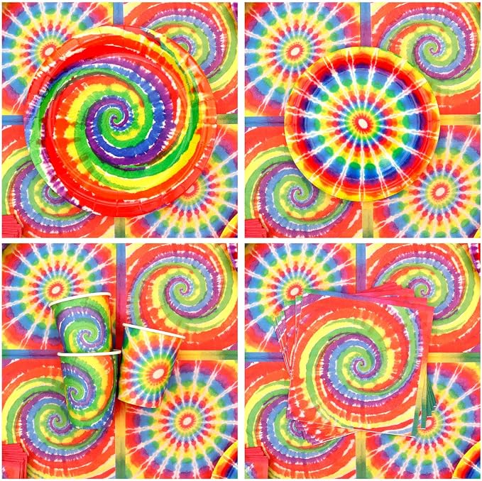 Tie Dye Birthday Party Decorations, Includes Happy Birthday Banner, Plates, Tablecloth, Cups, Balloon and Straws, for 60s Hippie Party Supplies, Serves 20 Guest