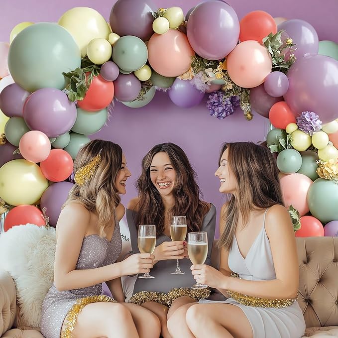 Dusty Green Purple Pink Yellow Balloons Arch Kit, Double Stuffed Pastel Balloon Garland with Lavender Lilac Yellow Green Red Latex Balloons for Birthday Baby Shower Wedding Anniversary Decorations.