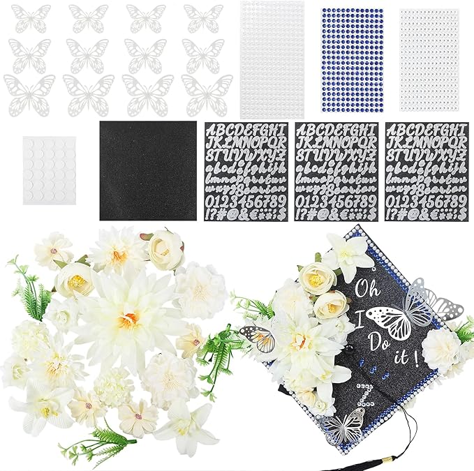 TKNOUS White Flower DIY Graduation Cap Decorations - Artificial Flower Heads, 3D Butterfly & Alphabet Letter Stickers, Glitter Paper for Art DIY Hat Grad Cap Topper