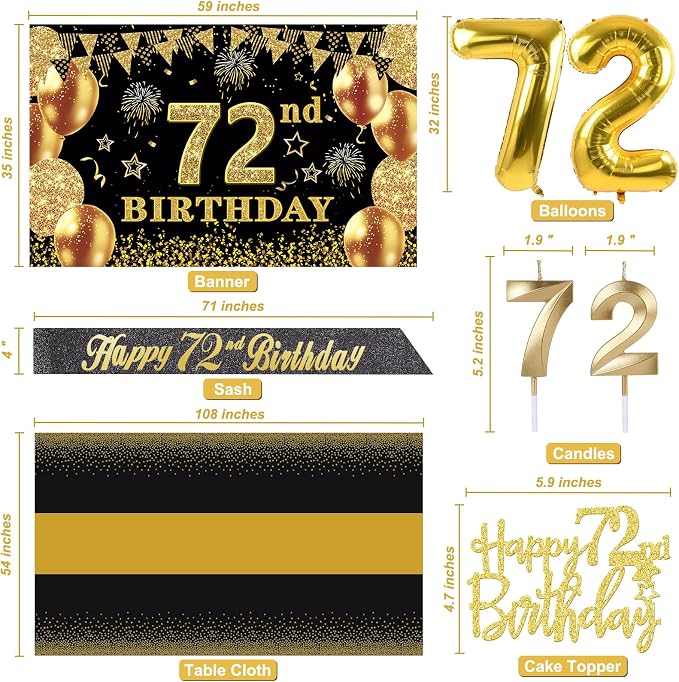 72nd Birthday Decorations Men Women With 72nd Birthday Banner, Black And Gold Table Cloth,Number Balloons, Sash, Cake Topper and Candles