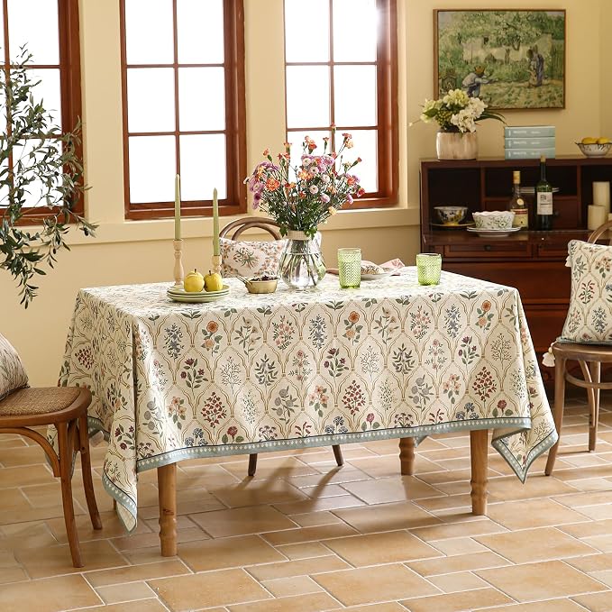 ISAENNE Designer Vintage Linen Rectangular Tablecloth,110"x63"-Serenity B | Elegant French Table Cloth Rectangle Table,Colorful Floral Pattern,Decoration,Dining Room,Tea Party,Kitchen,Thanksgiving