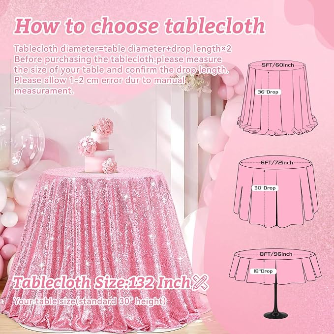 B-COOL Sequin Tablecloth Round Party Decorations: 132 Inch Tablecloths Sequin Overlay Glitter Fabric for Indoor and Outdoor Gathering Parties Fuchsia Pink
