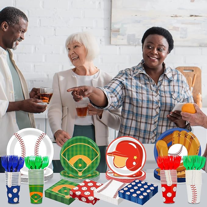 250 Pcs Baseball Birthday Party Decorations Baseballs Disposable Party Tableware Sets Including Plates Cups Napkins Baseball Sports Theme Dinnerware for Sports Birthday Parties Supplies Serves 50