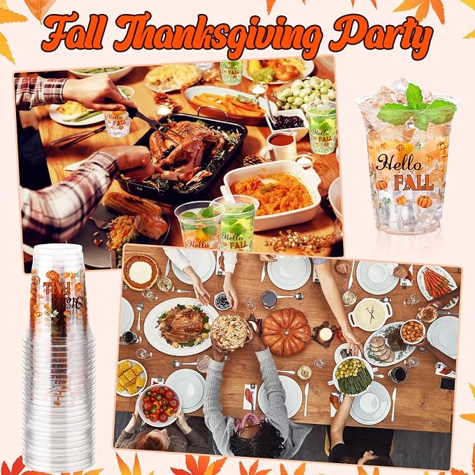 100 Pcs Thanksgiving Fall Plastic Cups 16 oz Disposable Clear Fall Cups Bulk Cute Pumpkin Plastic Glasses for Thanksgiving Party Supplies, Autumn Holiday, Harvest Gatherings, Cold Drinks
