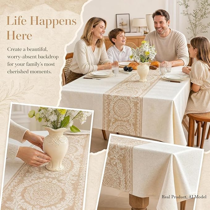 Nordic Beige Linen Tablecloth, Heavy-Duty Rectangle Cover | Spill-Resistant & Wrinkle Free Elegant Drape Table Protector for Kitchen Dining Room Party Decor