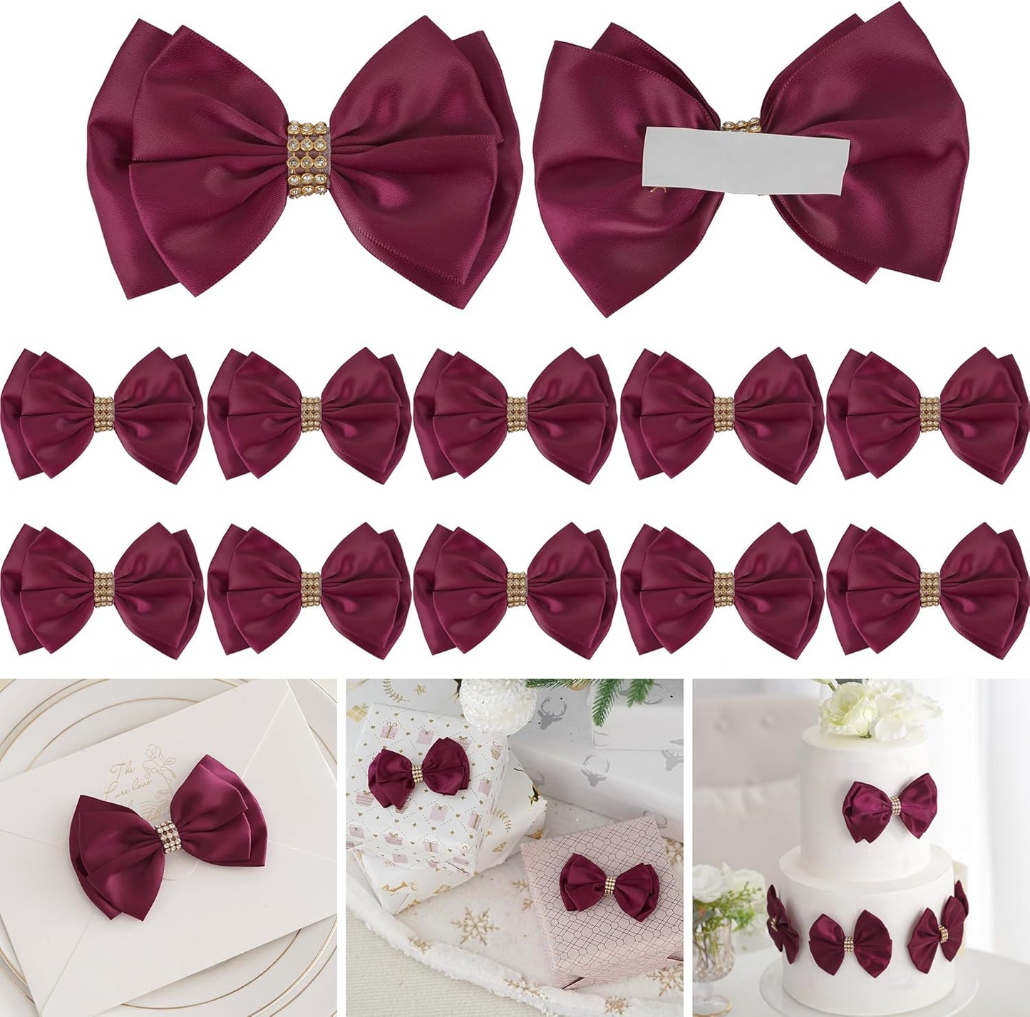 Dark Red Ribbon Bow 4'' Premade Satin Red Bows, Burgundy Gift Bows with Rhinestone, Wrapping Bows for Presents, Greeting Cards, Treat Bags, Valentines Bows for Gift Wrapping-12 Counts