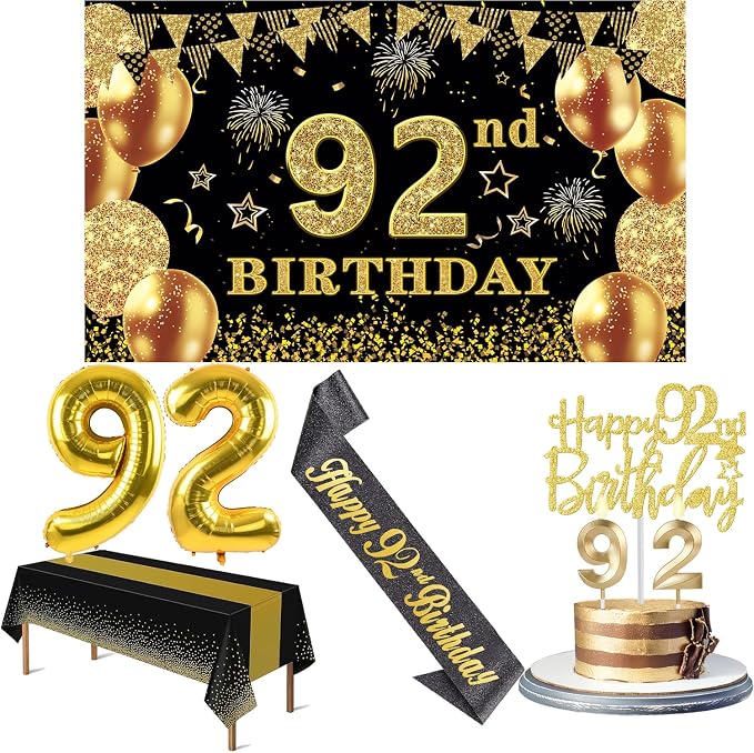 92nd Birthday Decorations Men Women with 92nd Birthday Banner, Black and Gold Table Cloth, Number Balloons, Large Sash, Cake Topper and Candles